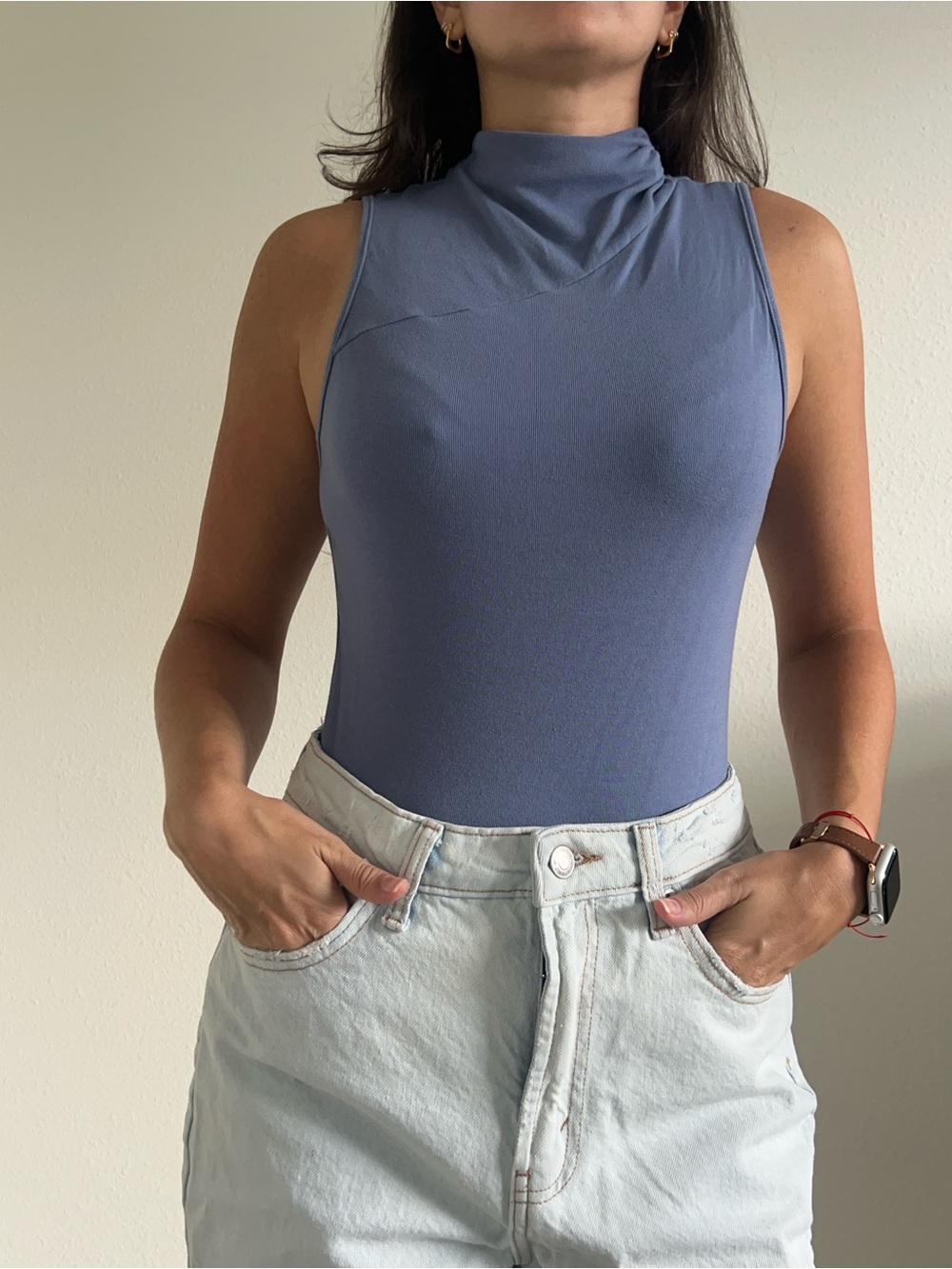 Cider Sleeveless Mock Neck Top in Dusty Blue